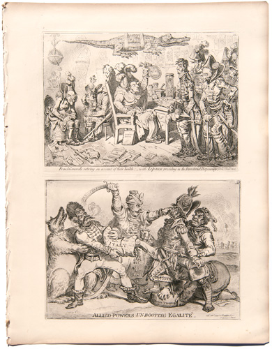 original James Gillray etchings French Generals Retiring on Account of their Health; with Lepaux Presiding in the Directorial Dispensary

Allied Powers Unbooting Egalite
